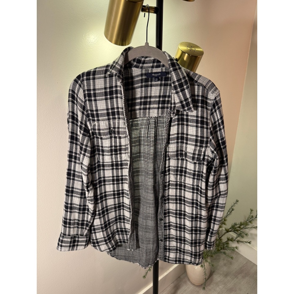 Madewell Womens XS Flannel Button Down Shirt Black White Plaid Contrast Inner